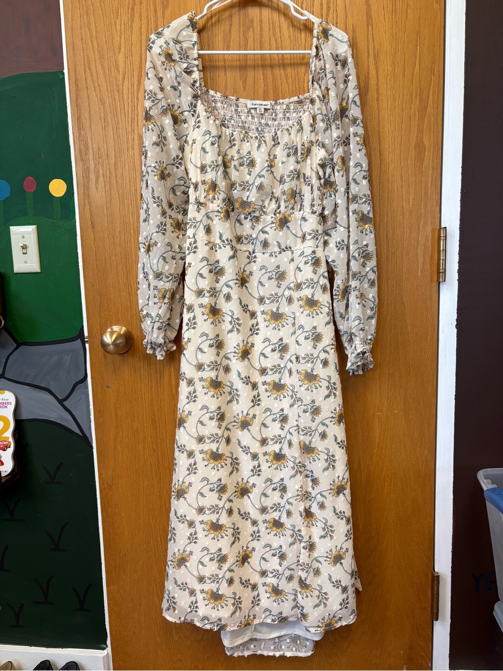 Francesca's Collections Cream Floral Smocked Maxi Dress with Mustard Accents